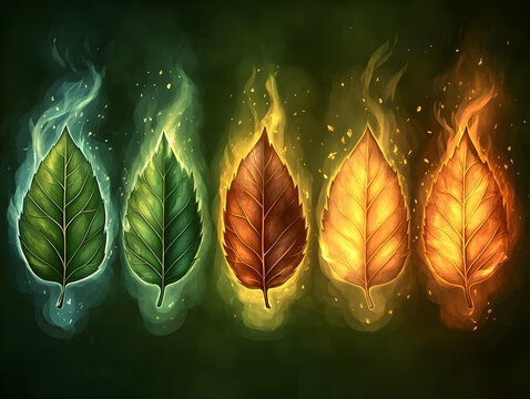 Four leaves transitioning from green to fiery orange are depicted against a dark background  Each leaf glows with eth