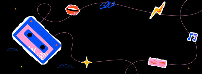 Vivid retro-style illustration with cassette tape, lips, lightning, musical note and sound wave symbol and abstract doodles. Template design for music and podcast themes