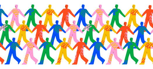 A bright crowd of abstract human figures walking and holding hands. A symbol of society, unity, cohesion and interaction.