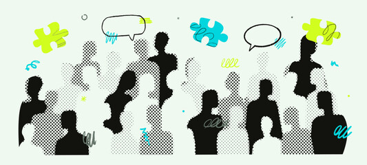A halftone abstract crowd of people and doodle speech bubbles and puzzle pieces above them. The concept of society, partnership and communication.