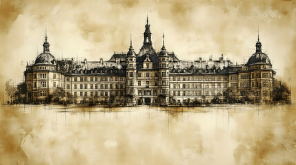 Fototapeta premium Sketch of grand symmetrical palace Many windows towers and a central entrance