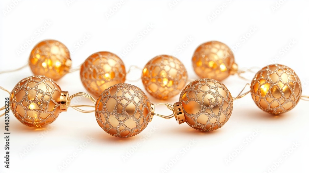 Aufkleber golden string lights with intricate patterned bulbs on white background