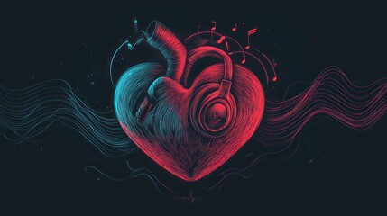 Heartbeat music headphones art, dark background, love concept, album cover
