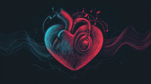 Naklejki Heartbeat music headphones art, dark background, love concept, album cover