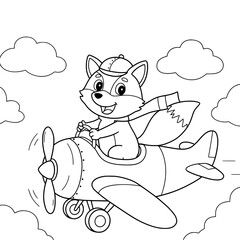 Funny cartoon drawing of Fox riding airplane. for kids coloring book