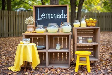 lemonade stand with a sign that says Lemonade on it