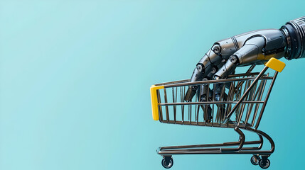 Chrome Robotic Hand Gripping A Yellow Shopping Cart On Light Blue Background