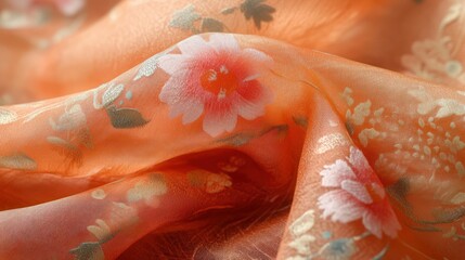 Chiffon fabric, peach color, elegantly draped, adorned floral patterns, softly illuminated, exuding delicate, refined luxury.