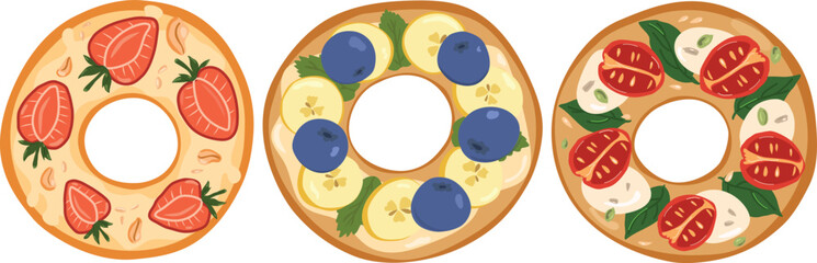 Set of delicious bagels. Vector illustration sandwich. Sweet sandwiches with berry. strawberry and cream and banana. Bagel with tomato and cheese. Isolated on white background
