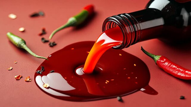 Delicious Spicy Chili Sauce Flowing from a Bottle with Fresh Chilies around