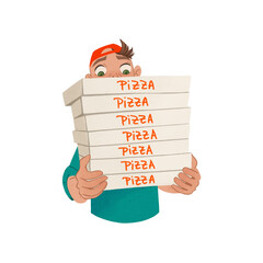 Pizza delivery guy holding boxes of pizza