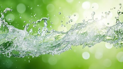 Water splashes dynamically against a blurred green background, exhibiting purity, movement, freshness, vitality, energy.