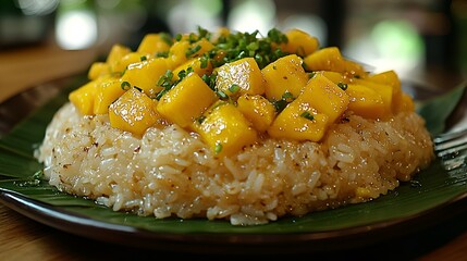 Sweet sticky rice topped with mango and chives.