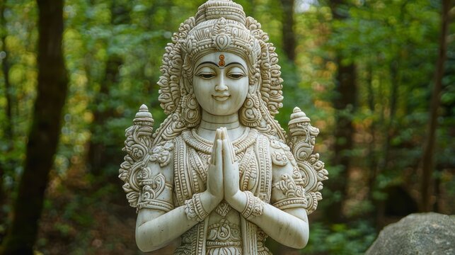 Intricately carved Parvati statue in a peaceful forest setting