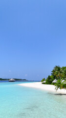 Obraz premium Tropical white sand beach with calm turquoise water and palm trees under blue sky, serene atmosphere for summer travel, hotel, resort, family vacation