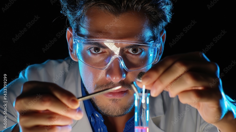 Poster scientist conducting experiments in laboratory chaos dark setting close-up view gigapixel detail