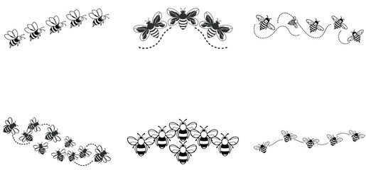 Bees flying in a row unique hand drawn line art silhouette vector set design