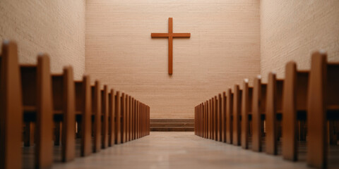 Naklejka premium A serene interior view of a church, featuring wooden pews facing a prominent cross on the wall, highlighting simplicity and spiritual ambiance.