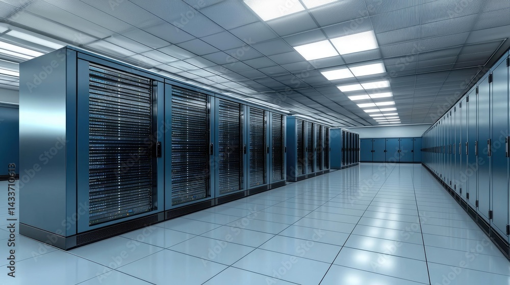 Poster Minimalist and clean server room with sleek blue enclosures and bright overhead lighting, ideal for concepts focused on energy-efficient IT, data centers, and secure infrastructure
