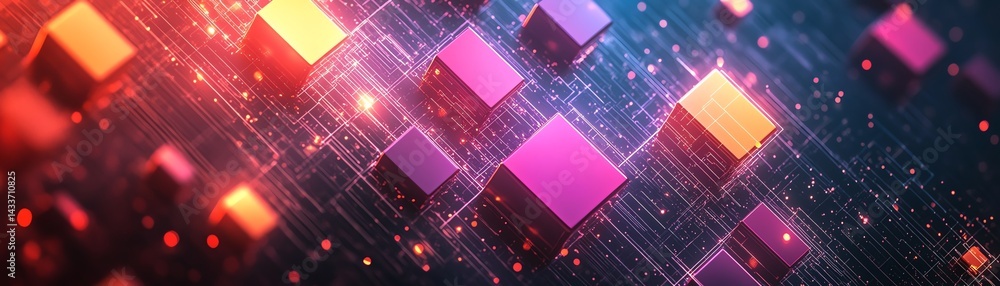 Poster dynamic motion of digital squares and circles crossing the screen, illustrating cloud computing, ai 