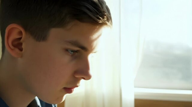 Contemplative teenage boy in dark clothing looking down pensively near a window with natural light His profile gradually shifts as he remains focused downward, suggesting deep thought in quiet solitud