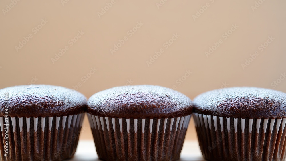 Poster three chocolate cupcakes with white frosting and sprinkles on top of each other.