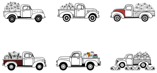 Pumpkin truck various design unique hand drawn line art design set