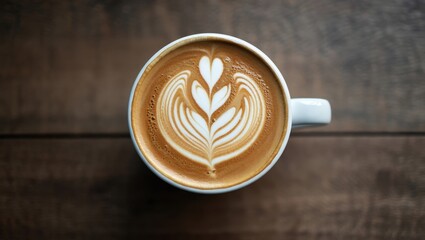 A cup of coffee with latte art on the surface.