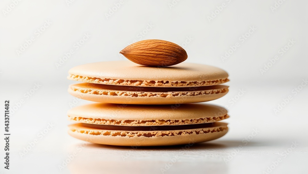 Poster a stack of macaroon cookies topped with an almond.