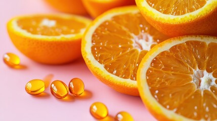 Fototapeta premium Orange slices sit near vitamin C capsules, capturing wellness, refreshing flavors, healthy nutrition concepts.