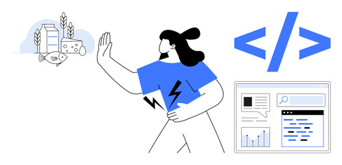 Woman holding chest near coding screen, food allergens thumbs up milk and fish. Ideal for technology, allergy awareness, health, coding education, lifestyle, problem solving, simple landing page