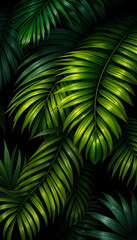 Tropical palm leaves, rainforest foliage nature plant bush on black background, digital art. White tone