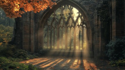 Obraz premium Autumn Sunlight Streaming Through Ruins Window