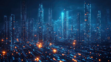 Obraz premium Abstract futuristic city skyline with glowing lights and digital network connections.