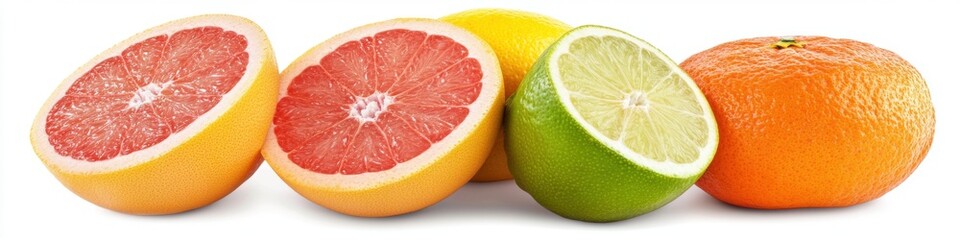 Four citrus fruits, a grapefruit, a lime, a lemon, and an orange, are arranged in a row on a white background