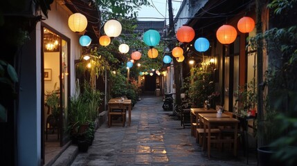 Colorful Lanterns Illuminate Cozy Night Alley in China