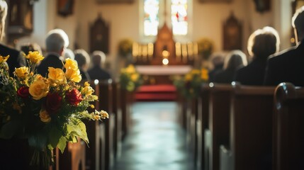 Mourners sit during memorial service, their heads bowed, surrounded by flowers, offering solace, contemplation.
