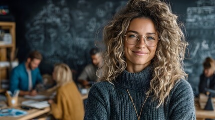 A smiling young woman with curly hair and glasses confidently poses in a creative office setting with blurred colleagues in the background.