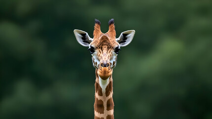 Fototapeta premium Close Up Portrait Of A Giraffe Against A Blurry Green Background Displaying Brown And White Pattern With Focus On Eyes