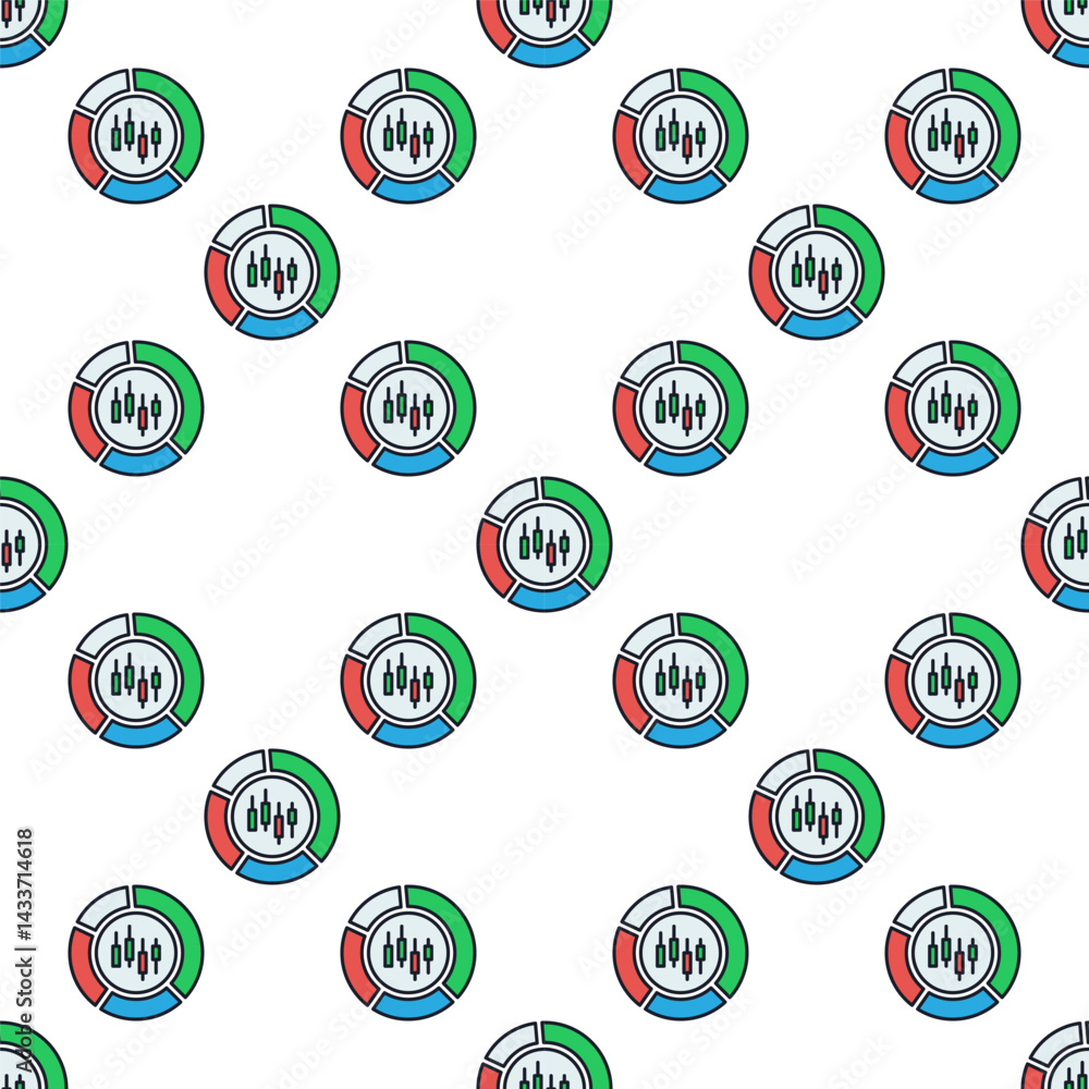 Poster candlestick trading chart inside pie chart vector colored round seamless pattern