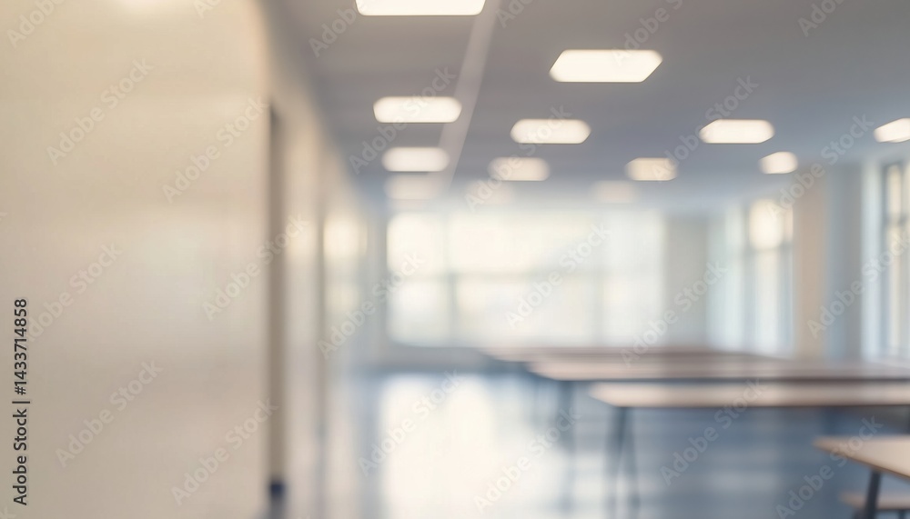 Poster blurry edges of an empty classroom: a glimpse into the quiet, unoccupied space that signifies the en