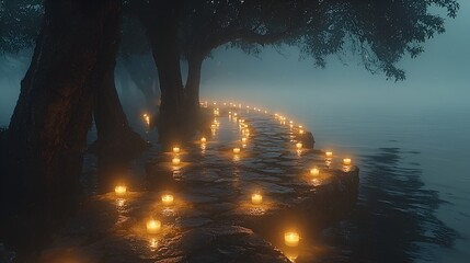 Mystical foggy path with candles by the lake at night.