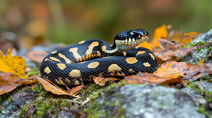Fototapeta premium Black And Yellow Snake On Autumn Leaves