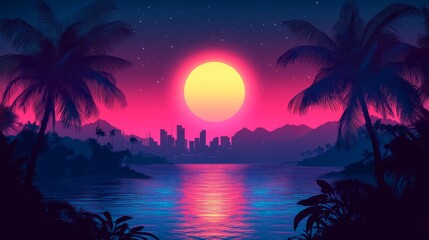 Pixel Art Tropical Sunset Cityscape
