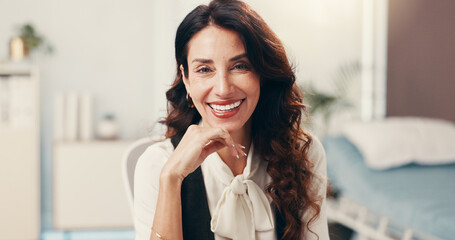 Woman, therapist and portrait for counselling, help and smile for support in office. Psychologist,...