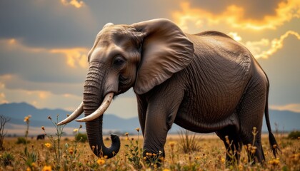 Majestic elephant roaming in african landscape at sunset wildlife photography natural environment captivating view