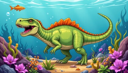 Dinosaur encounter underwater scene digital artwork ocean environment vibrant viewpoint imagination and fantasy