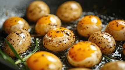 Obraz premium Quail eggs sizzle, frying in pan seasoned with herbs spices, gourmet culinary dish