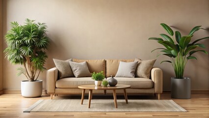 Fototapeta premium Earthy toned sofa with plush pillows against a warm beige wall