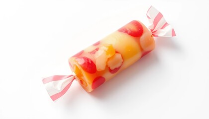 Colorful fruit roll candy wrapped in striped paper